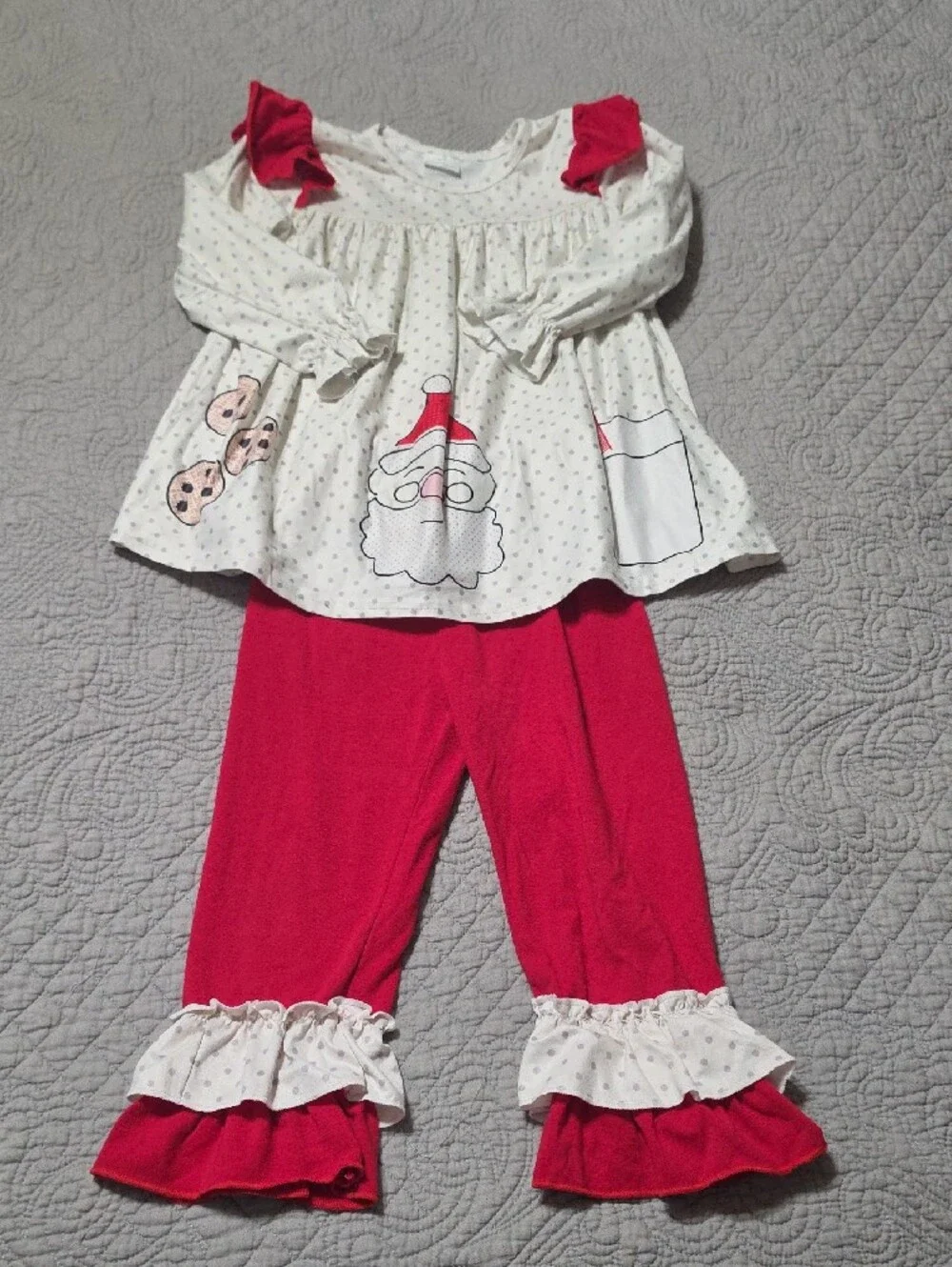 Boutique Girls White Polka Dot Santa Tunic with Red Ruffle Shoulders